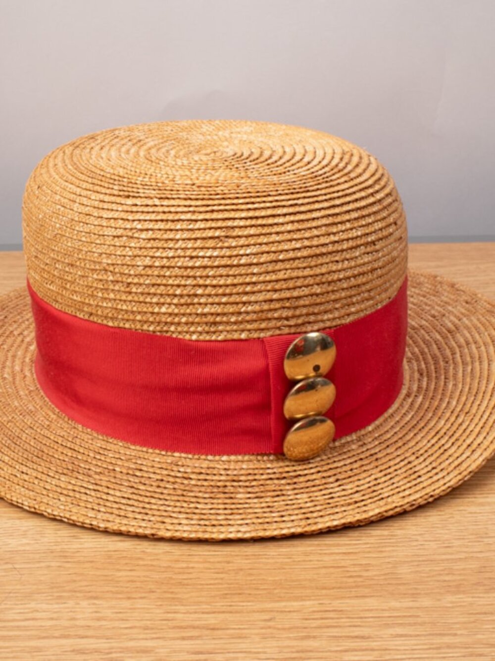 Patricia Underwood Straw Hat With Red Stripe and Gold Button Detail See Details